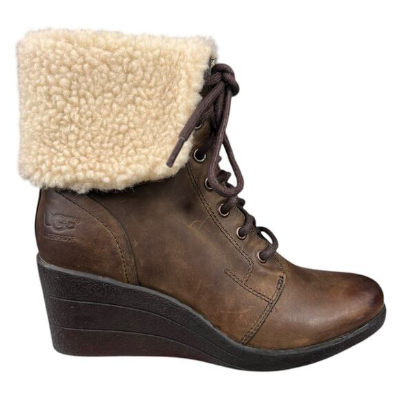 UGG Women’s Zea Brown Leather Cuffed Wedge Winter Boot Size US 6 - Picture 1 of 10
